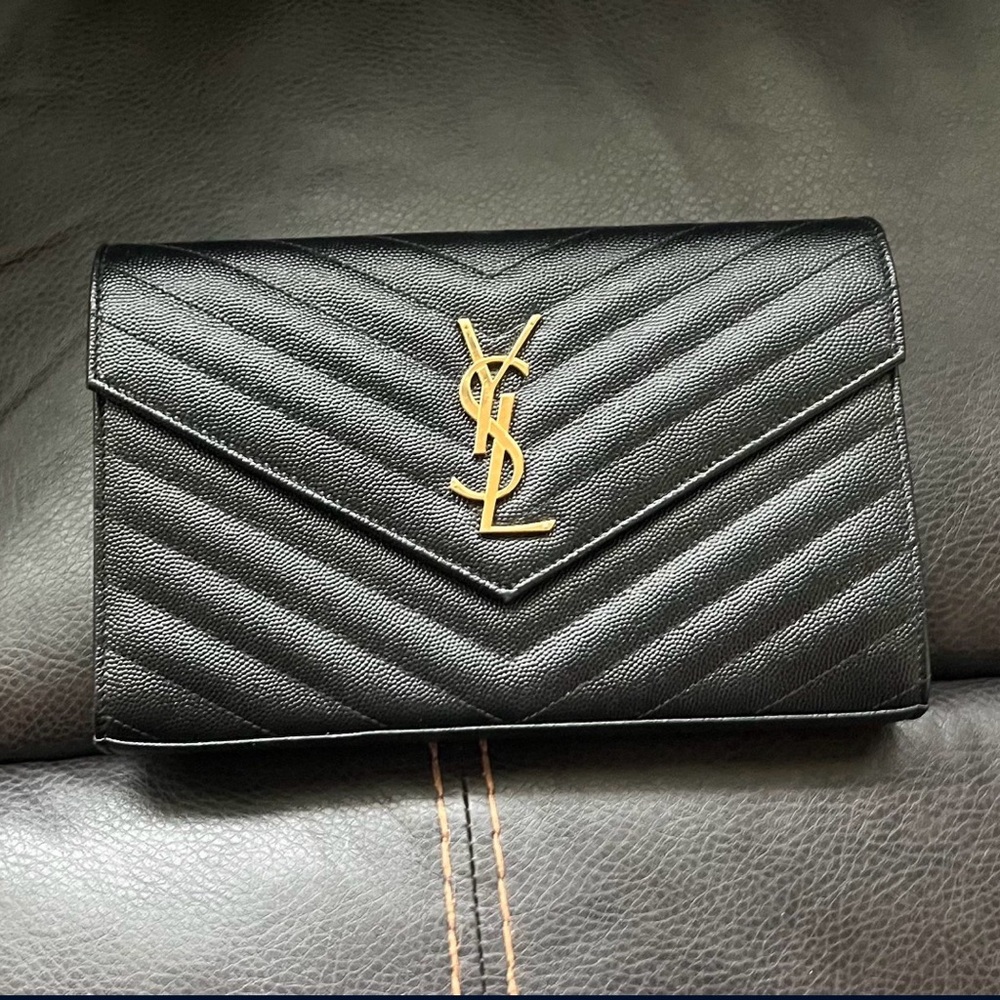 Yves Saint Laurent Black Quilted Leather Wallet on a chain